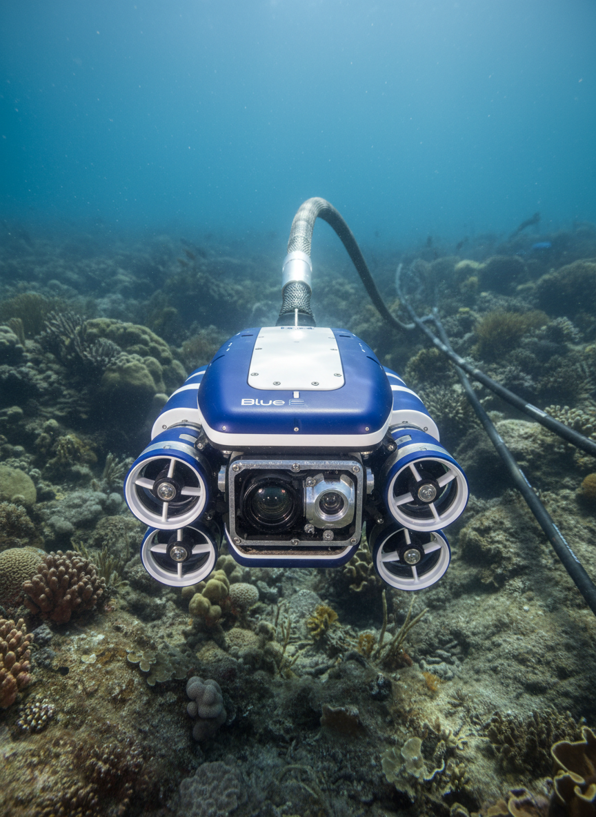 A sleek BlueROV-style blue and white underwater remotely operated vehicle hovering just above a rocky seafloor, its thrusters and high-definition camera clearly visible with metallic details and subtle wear from use. The robot is positioned in front of a gently sloping seabed with scattered corals and cables leading back into the distance, suggesting tethered control. Soft, filtered natural light from the water surface creates volumetric rays and gentle shadows across the hull, emphasizing its engineering. Photographic realism with a clean, modern, professional aesthetic, captured at eye-level with sharp focus on the ROV and slightly blurred background, conveying precision, reliability, and advanced marine technology.