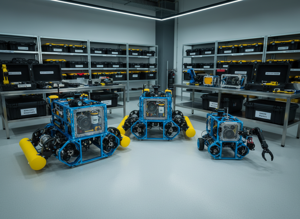 A fleet of three different-sized BlueROV-style marine robots resting on a clean, light-gray industrial workshop floor, each with distinctive thruster arrangements, modular payload bays, and bright blue protective frames. Around them, neatly arranged waterproof cases, spare thrusters, and sensor modules sit on metal shelving and workbenches, all labeled and organized. Cool, even LED workshop lighting casts clear, shadowed contours, emphasizing mechanical detail and build quality. Photographic realism with a wide-angle lens, sharp focus throughout, and a balanced composition that places the robots in the foreground and the workshop environment as supportive context, conveying professionalism, readiness, and customizable underwater solutions for various missions.