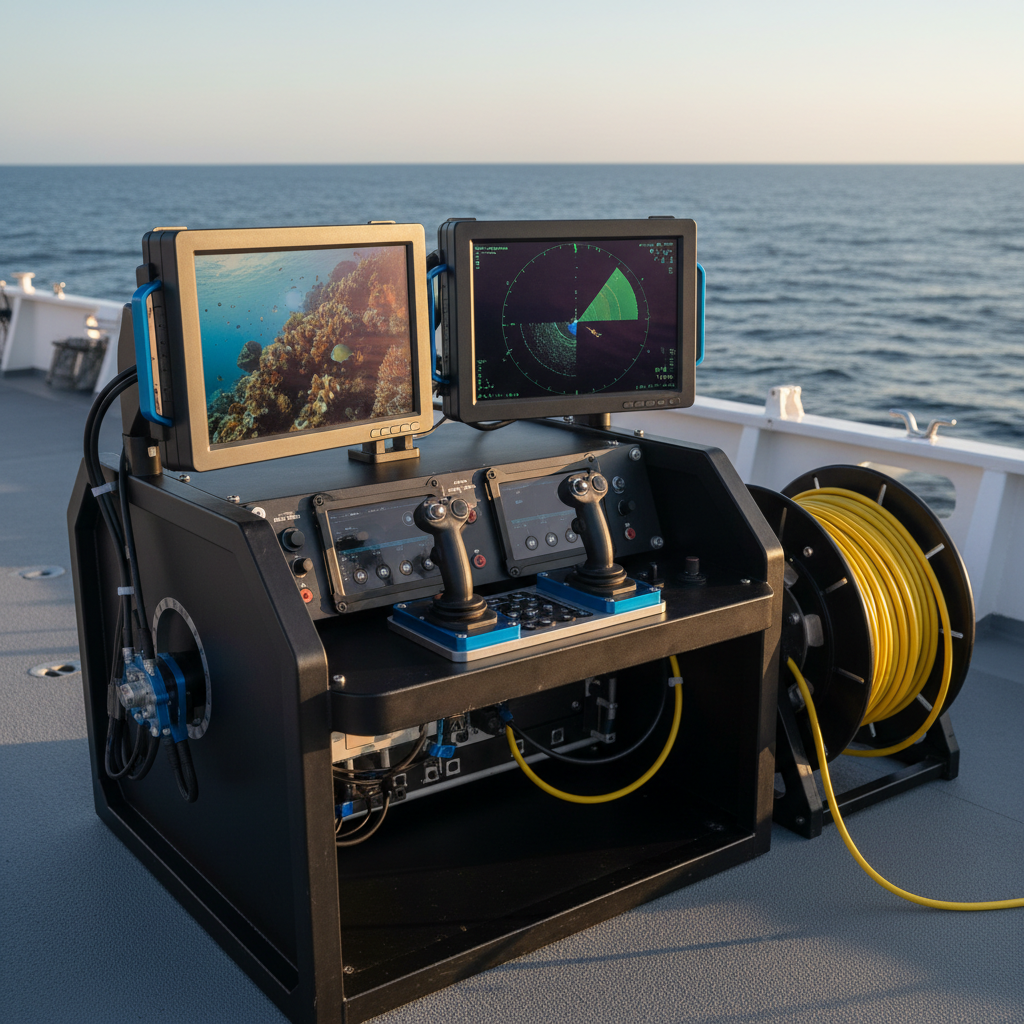 A detailed close-up of a robust BlueROV-style underwater robot control station on the deck of a research vessel, featuring dual ruggedized monitors displaying live HD seabed footage and sonar data, a sturdy metal joystick console, and neatly coiled fiber-optic tether cable. The scene is set against a blurred backdrop of calm open sea and a clear horizon, emphasizing offshore operations. Late afternoon natural light illuminates the matte black and anodized aluminum surfaces, creating crisp reflections on the screens and soft shadows on the non-slip deck. Photographic realism, shot from a slightly elevated angle with a professional, organized, high-tech atmosphere, highlighting precision marine robotics control infrastructure.