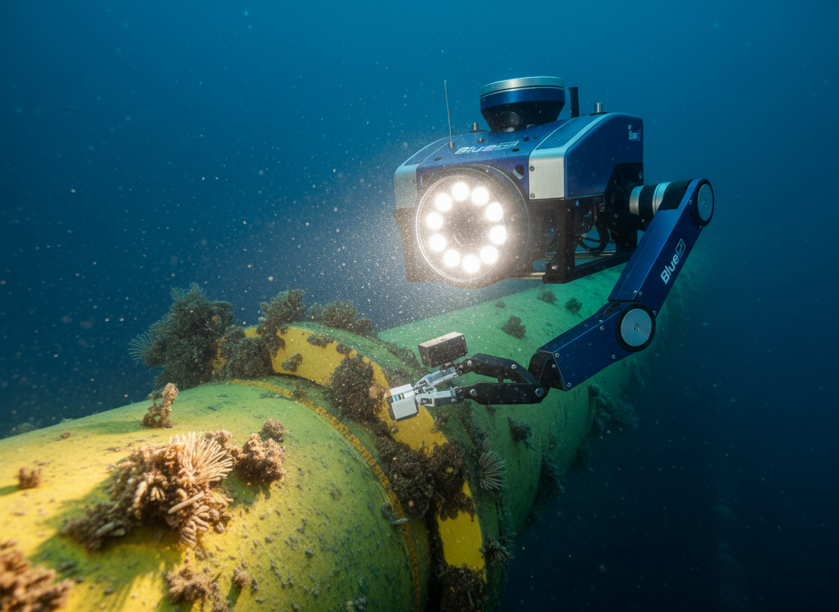 A sophisticated BlueROV-style inspection robot equipped with a high-intensity LED light array and a precision gripper arm, performing a detailed survey of a subsea pipeline. The robot’s lights sharply illuminate the yellow-coated pipe and marine growth, while the surrounding deep water falls into a rich blue-green gradient. Tiny suspended particles catch the beams, adding realistic underwater texture. The camera is positioned slightly below and to the side of the ROV, capturing its silhouette against the lit pipeline. Photographic realism with a cinematic, focused mood that highlights accuracy, safety, and industrial subsea inspection capabilities in a clean, professional visual style.